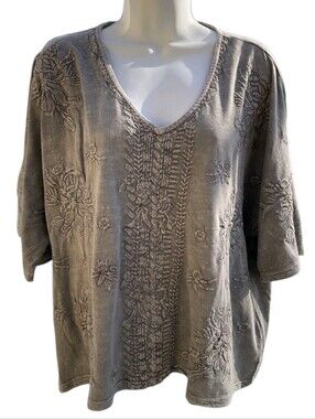 caite embroidered 100% slub cotton short sleeve top greige size M